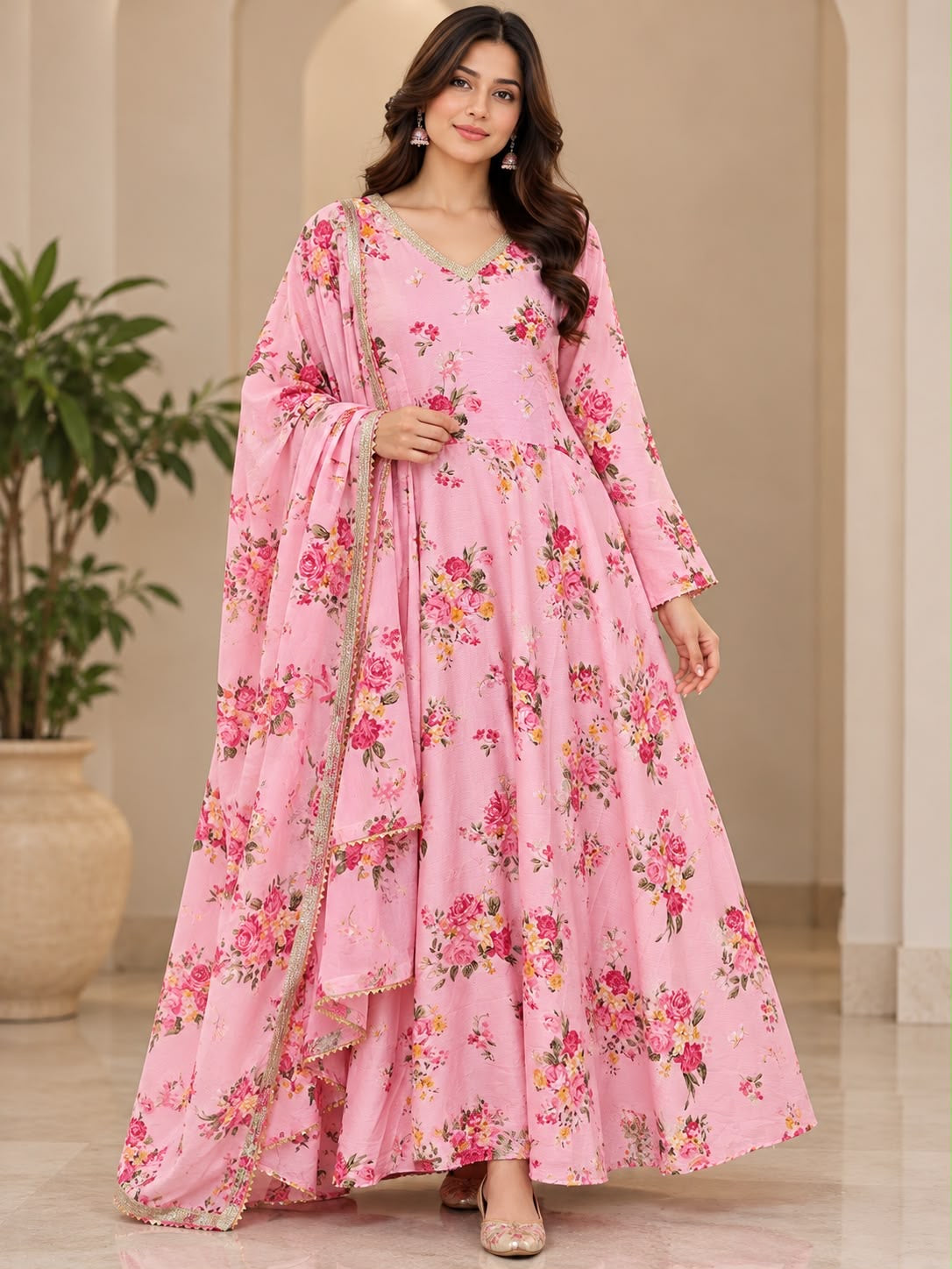 Pink Floral Anarkali Dress – Size M