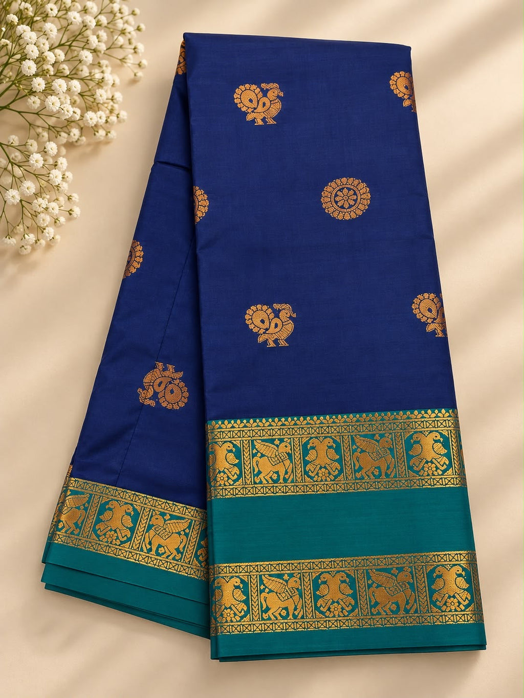Traditional Saree with Gold-Tone Motifs and Contrast Border