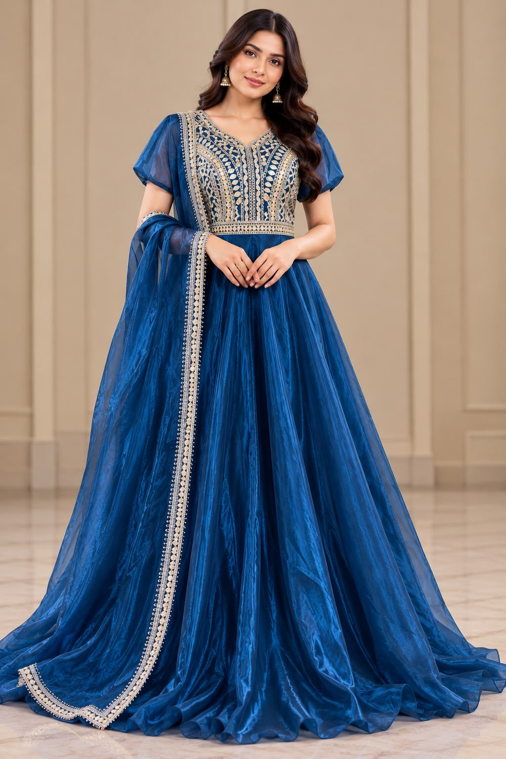 Royal Blue Embellished Anarkali Dress – Size L