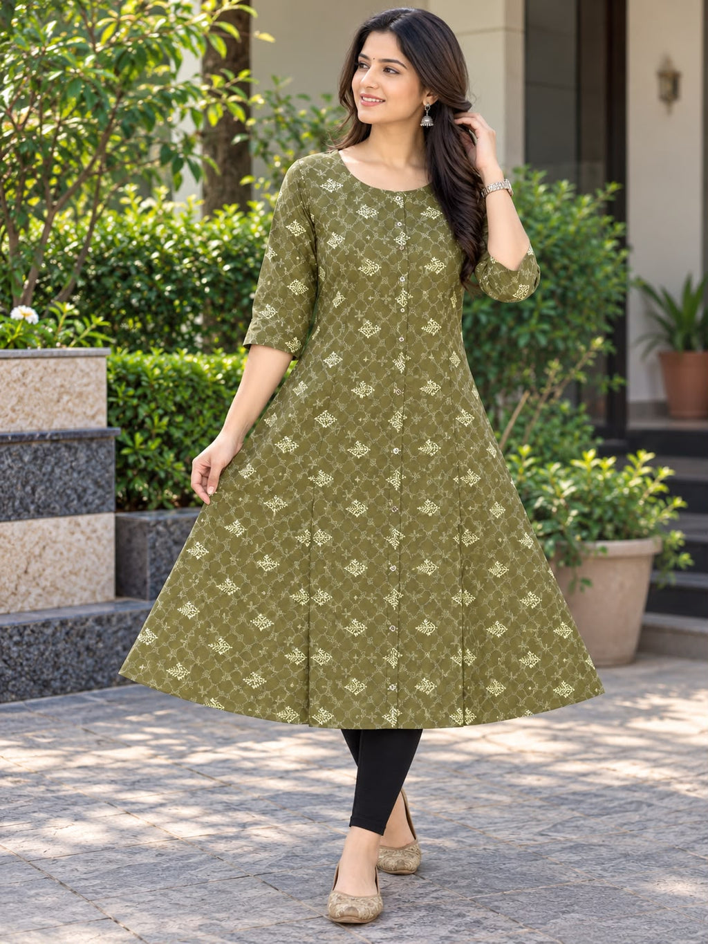 Damen Kurti mit Muster – Braun & Grün, XL