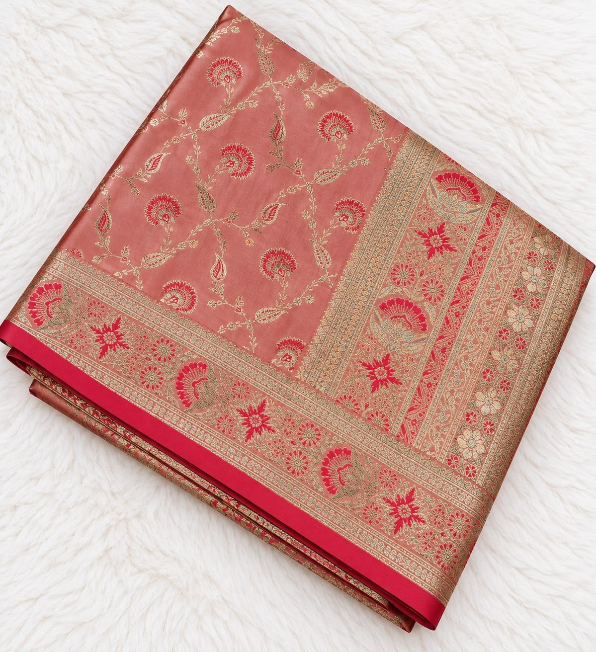 Banarasi Seiden-Saree Rosa mit goldenem Zari-Muster
