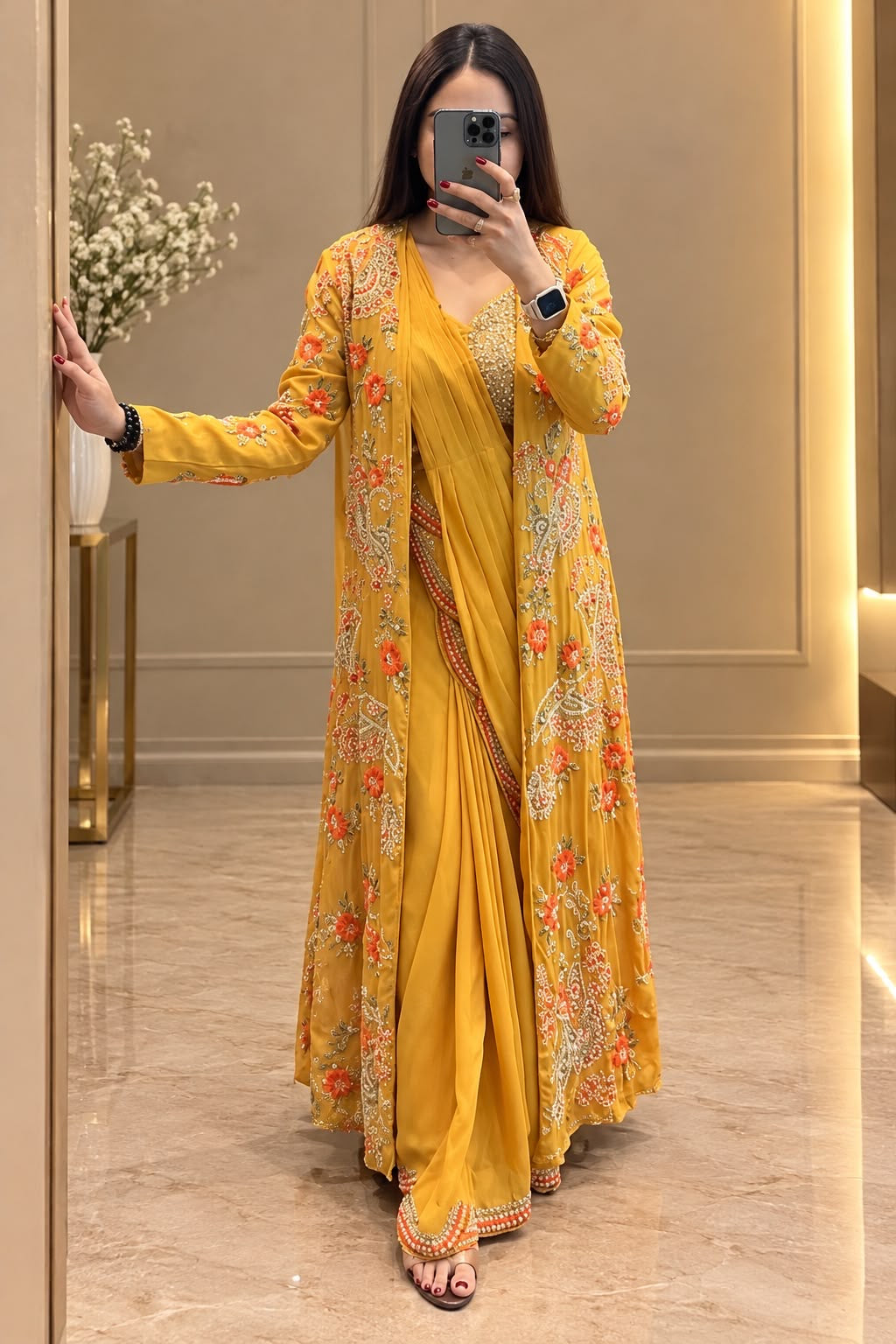 Mustard Yellow Saree with Embellished Long Jacket – Size XXL
