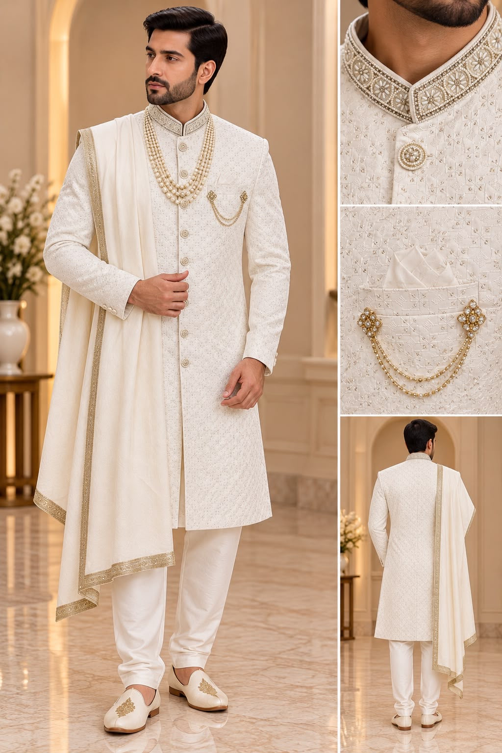 Ivory Sherwani with Embellished Collar – Size 38