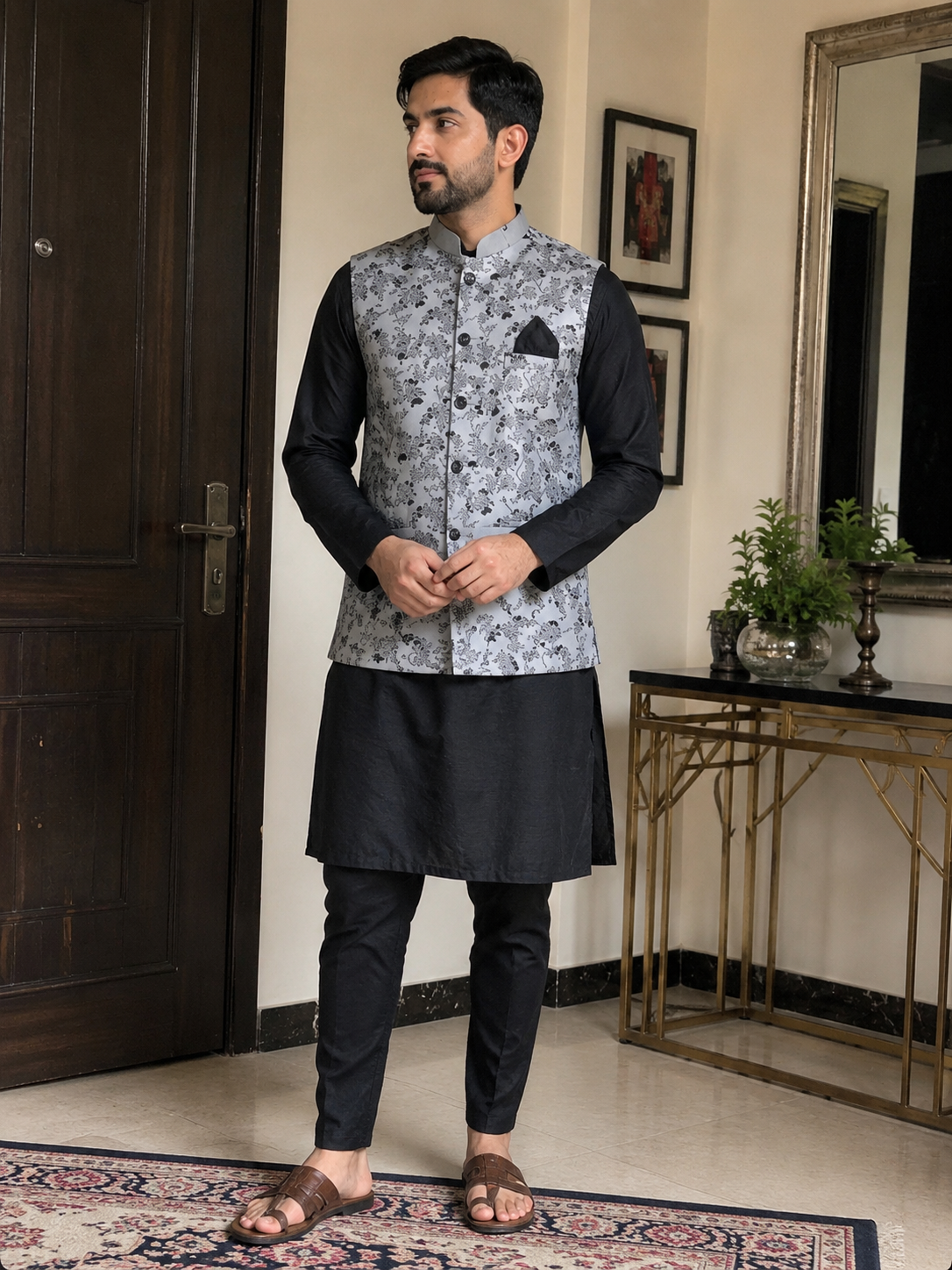 Men's Kurta Set – Schwarz mit Nehru-Weste