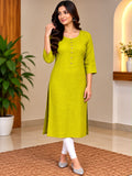 Model wearing a lime button-front kurta with three-quarter sleeves