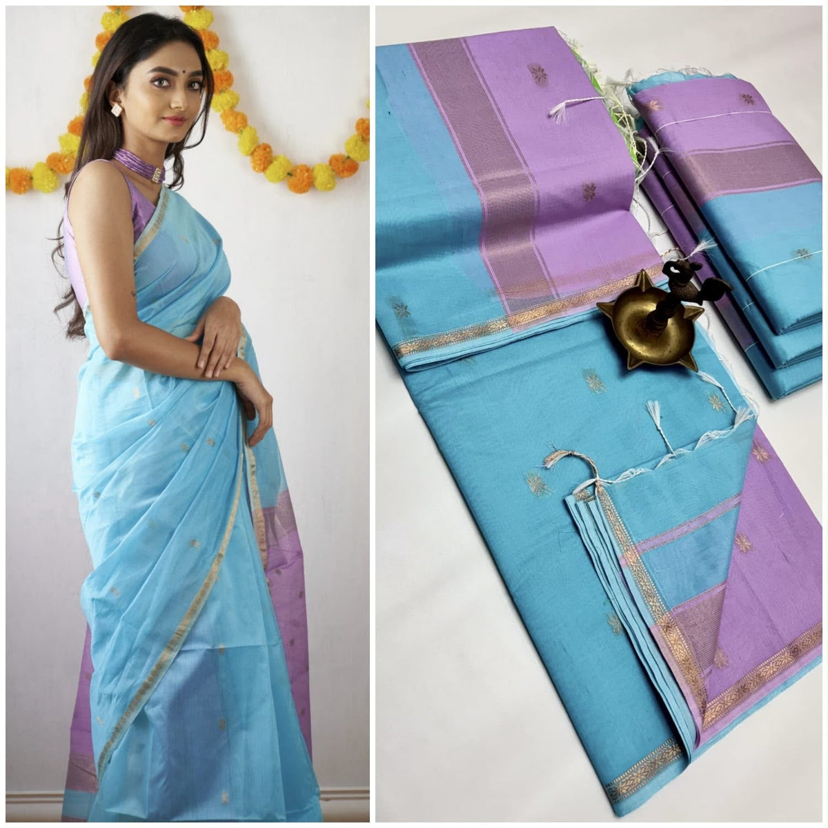 Teal & Purple Cotton Saree