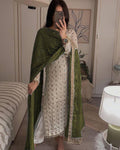 Ivory Chikankari Kurta Set with Olive Green Dupatta L size