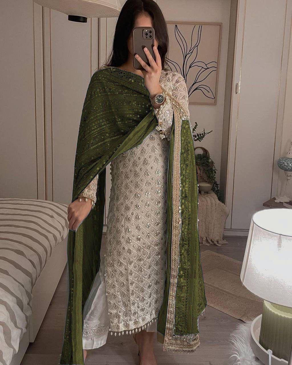 Ivory Chikankari Kurta Set with Olive Green Dupatta L size