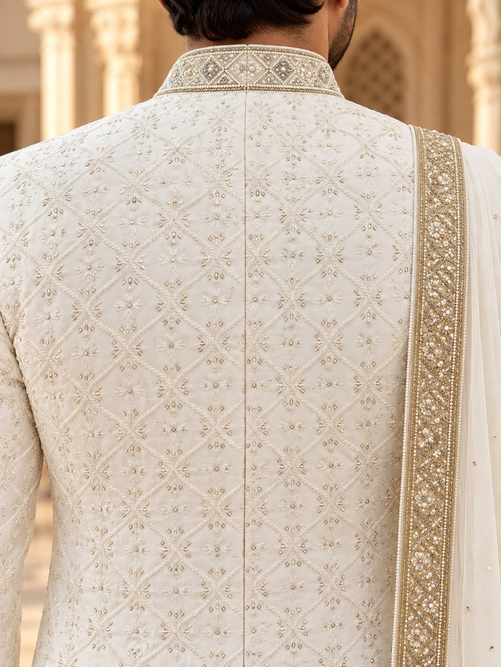 Ivory Sherwani with Diamond Floral Detailing – Size 44