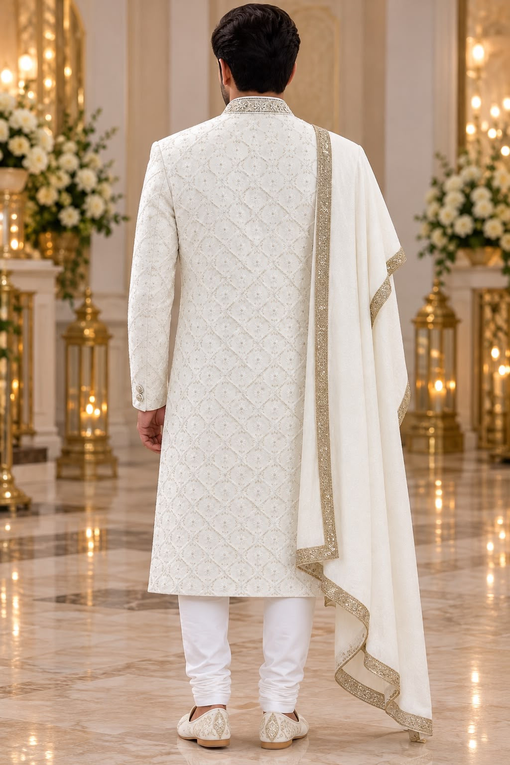 Ivory Floral Collar Sherwani – Size 44