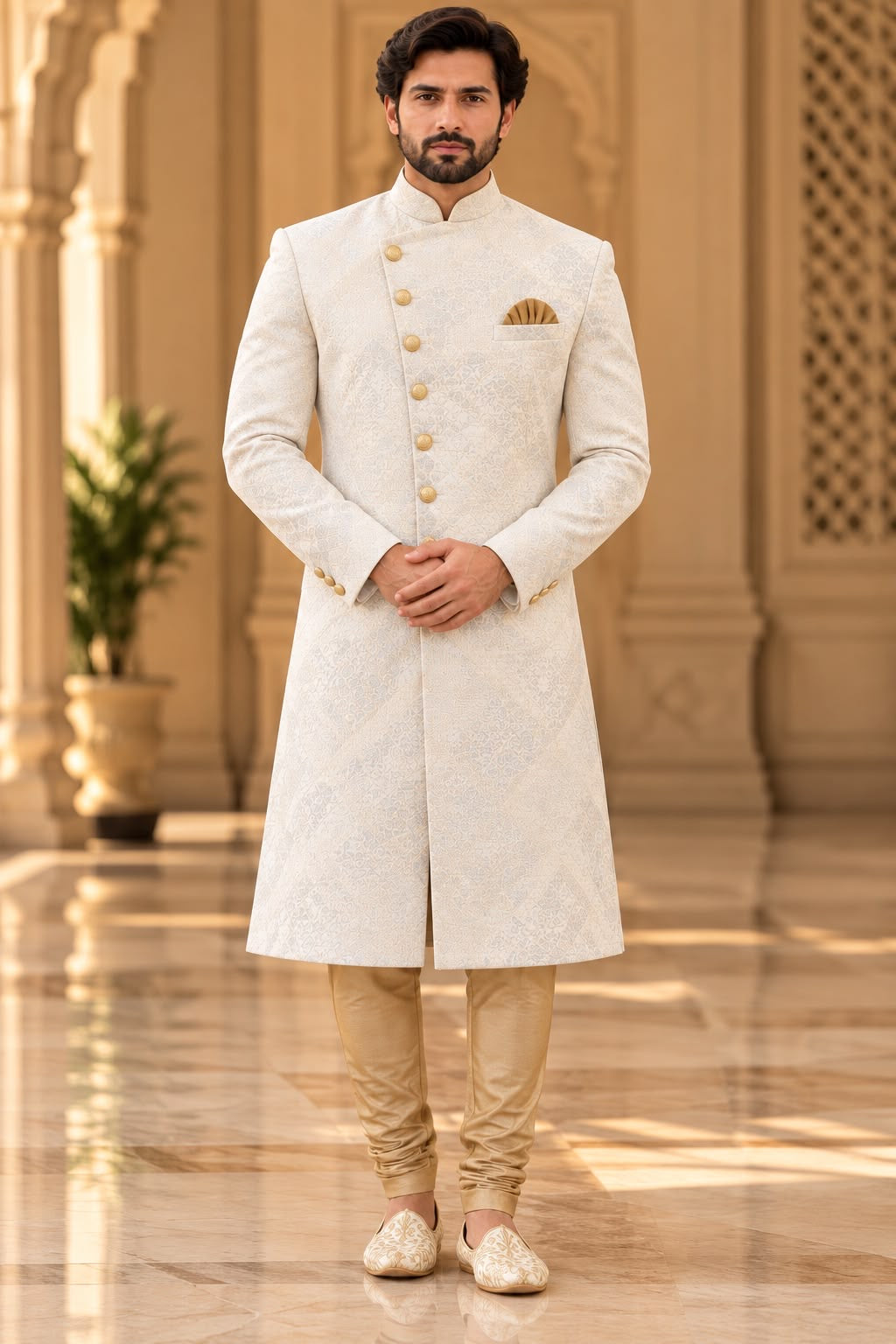 Ivory Sherwani with Gold-Tone Buttons – Size 40