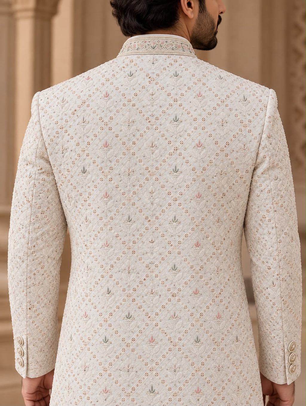 Ivory Sherwani with Pastel Detailing – Size 36
