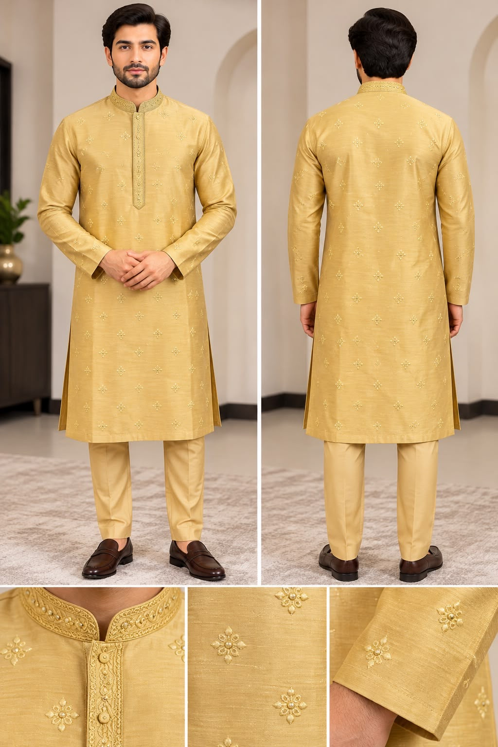 Mustard Embroidered Kurta Pajama Set – Size 38