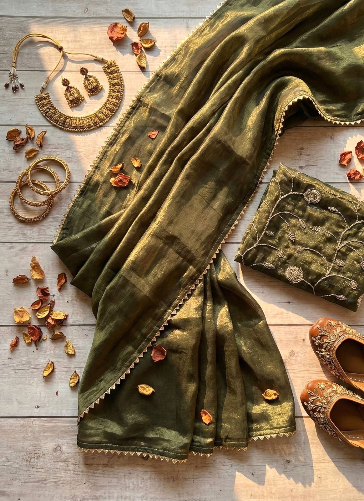 Party Saree Olive Green Gold