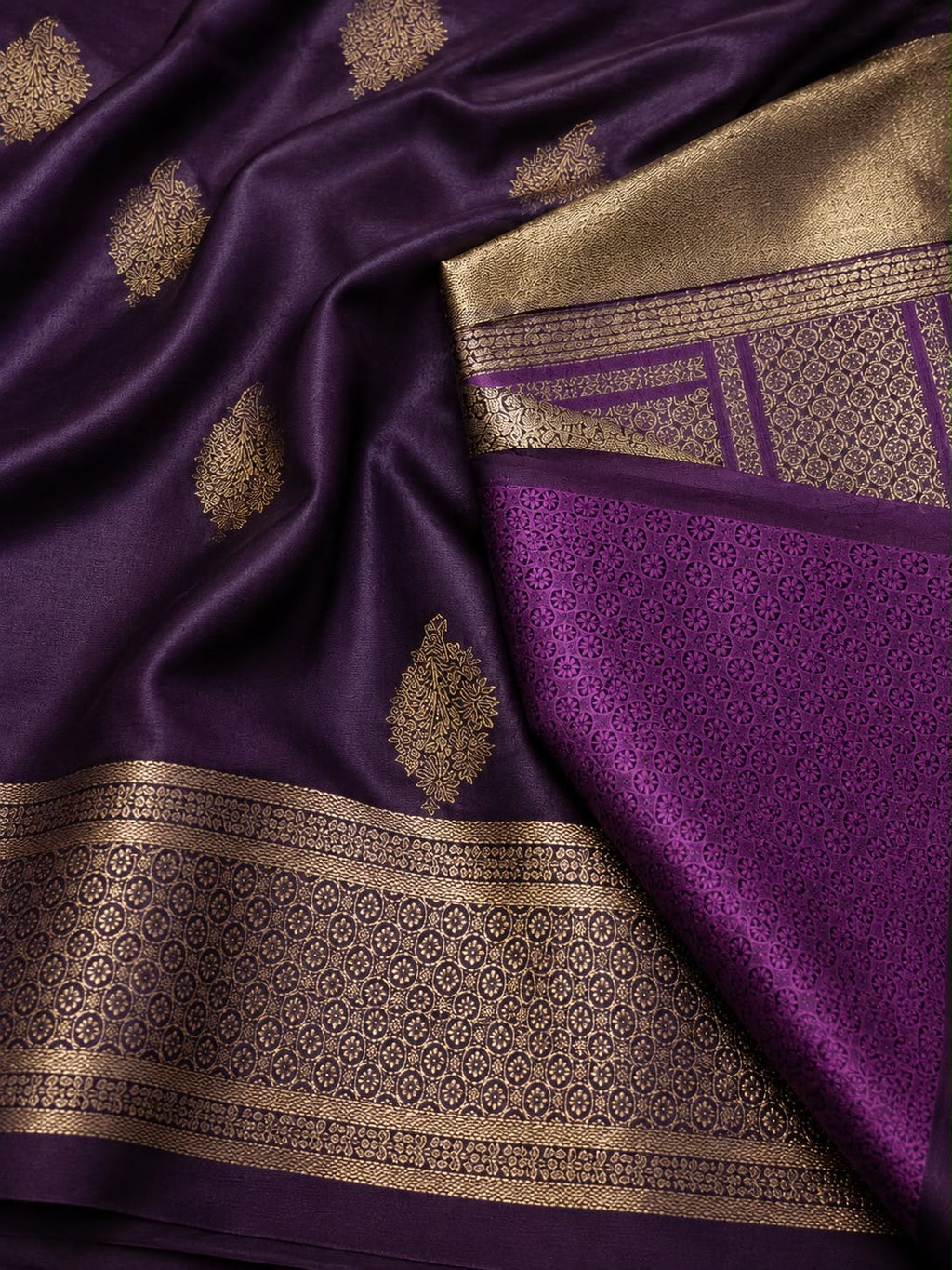 Plum Violet Banarasi Silk Saree with Gold Zari Paisley Pallu & Bouquet Butis