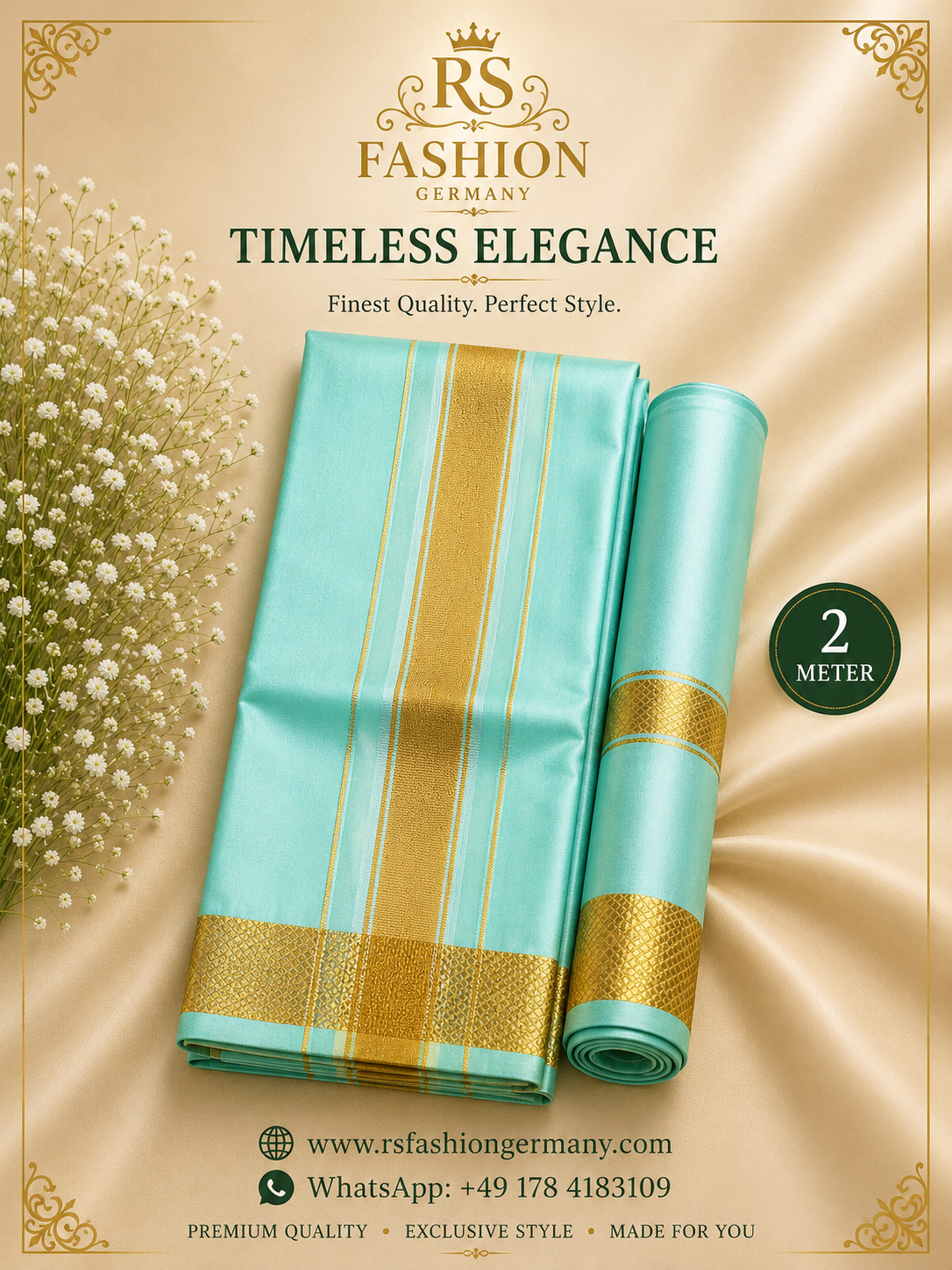 Zijden Veshti Sjaal – Turquoise/Goud 2 Meter