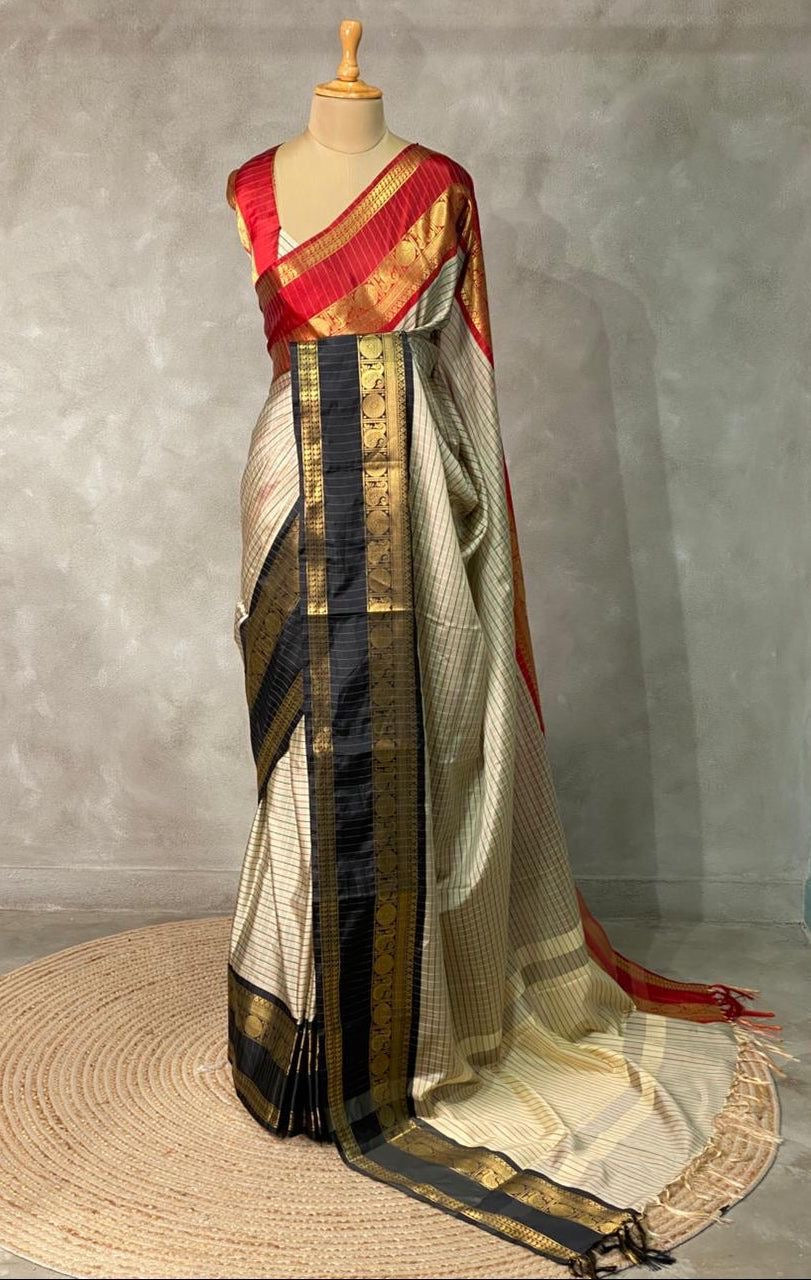 Trending Viral Collection Banarasi Semi Soft Saree – Ivory & Black