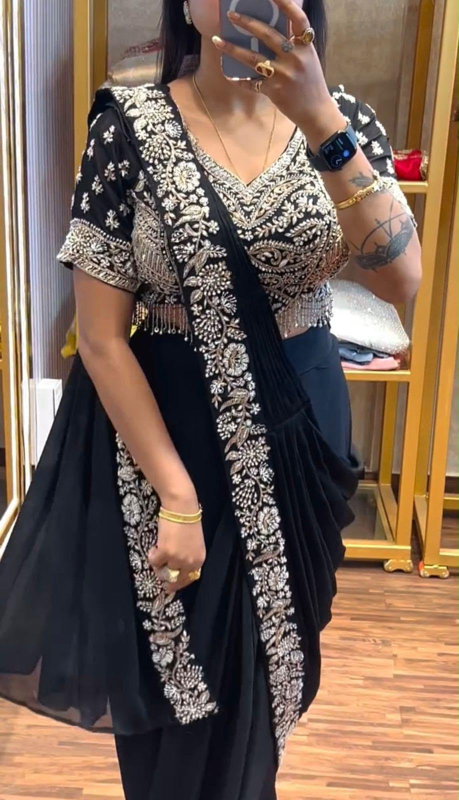Black Drape Saree – Semi-Beads Embroidered Ready To Wear