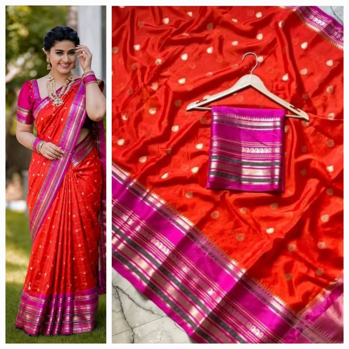 Red Silk Saree with Magenta & Gold Zari Border