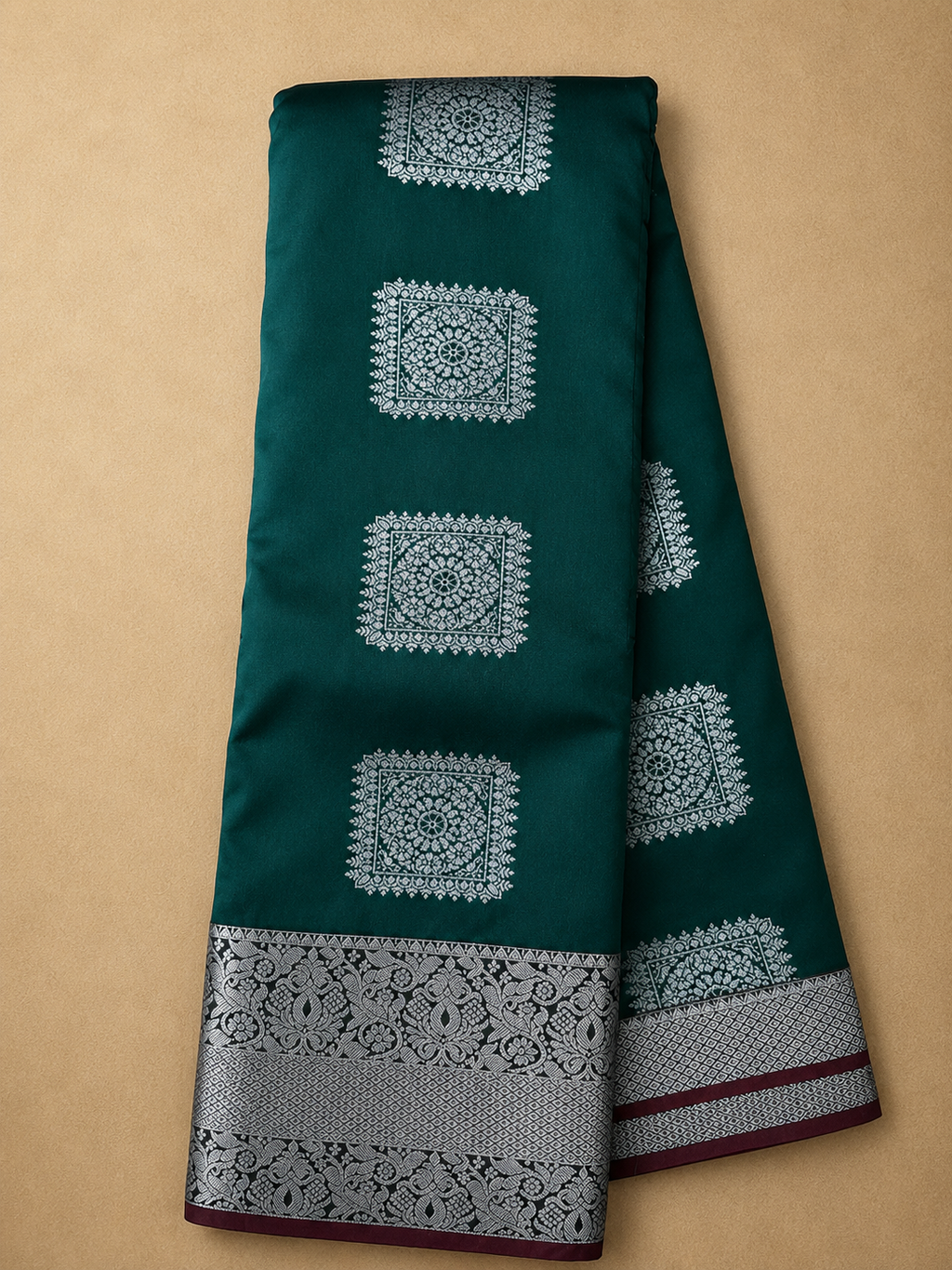 Soft Silk Saree – Dark Green with Silver Zari