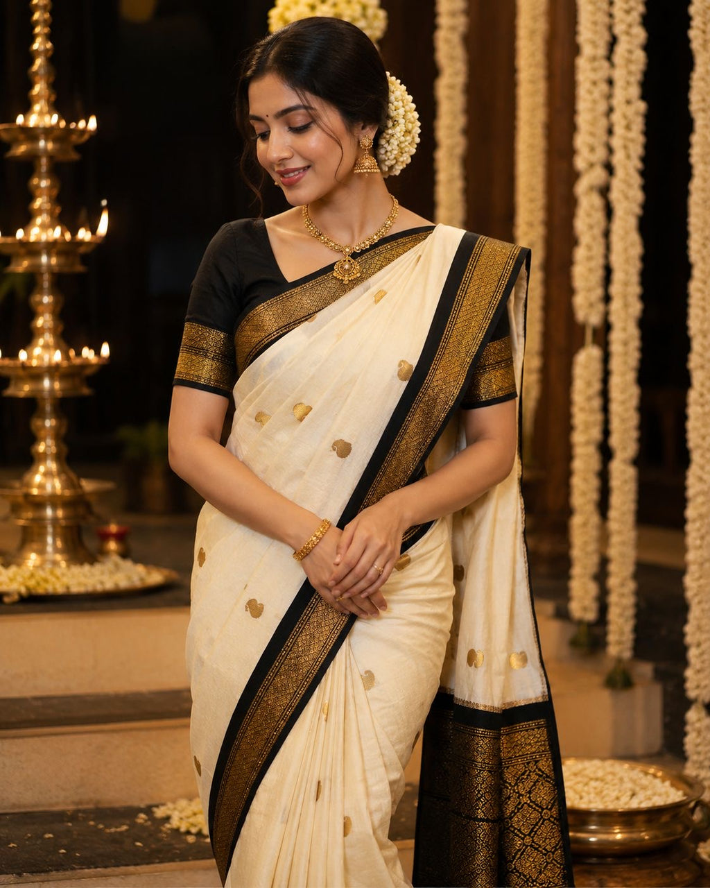 Soft Cotton Saree – Weiß mit Schwarz-Gold Zari Border