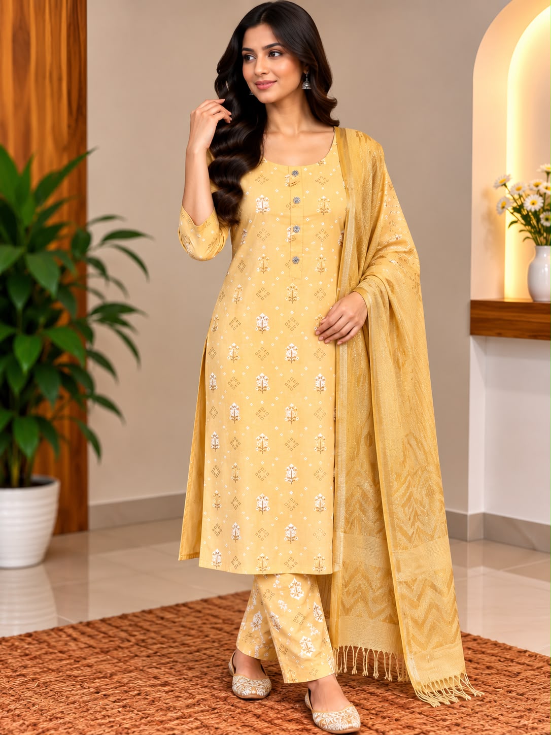 Model wearing a mustard embroidered tunic and trousers with a matching scarf