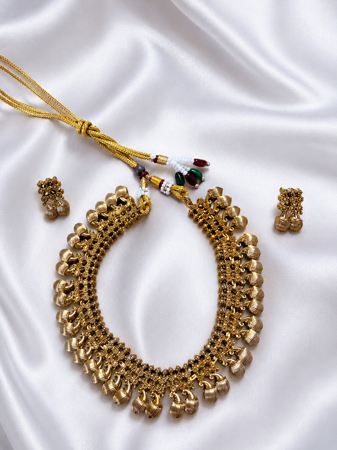 Antique Gold Ghungroo Necklace Set with Earrings