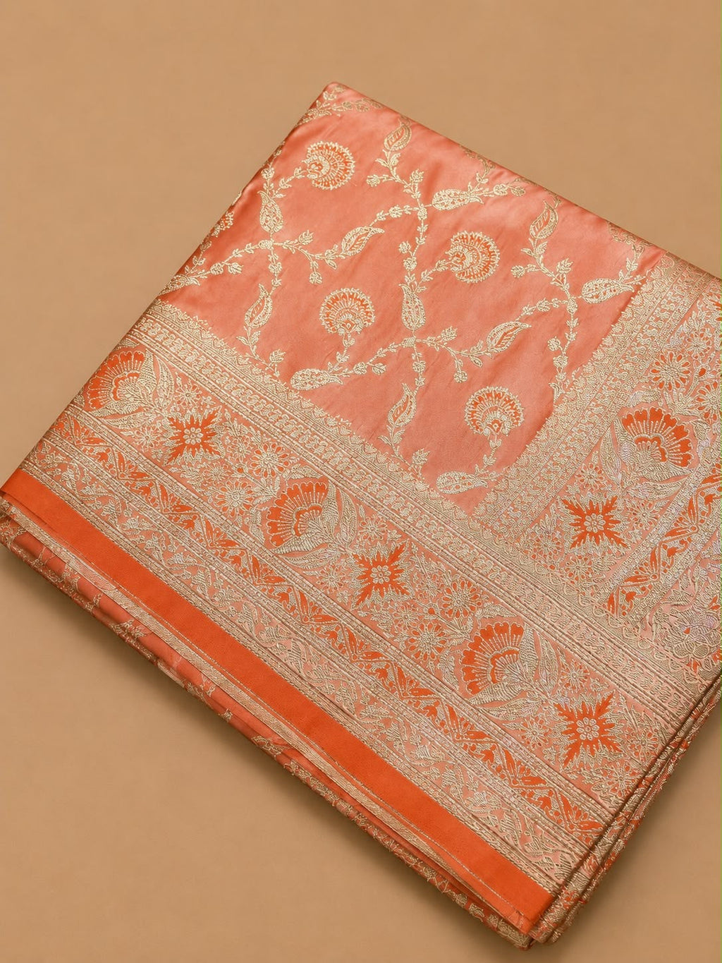 Peach Banarasi Silk Saree with Gold Zari Floral Weaving
