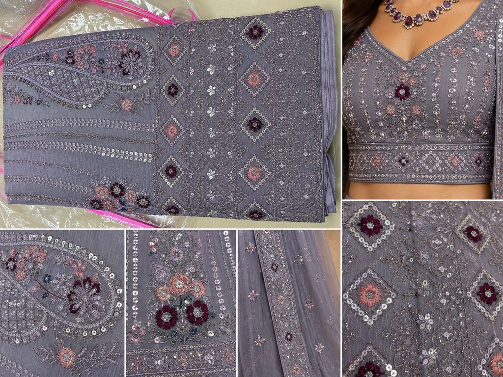 Lavender Grey Embroidered Lehenga Set (Unstitched Blouse)