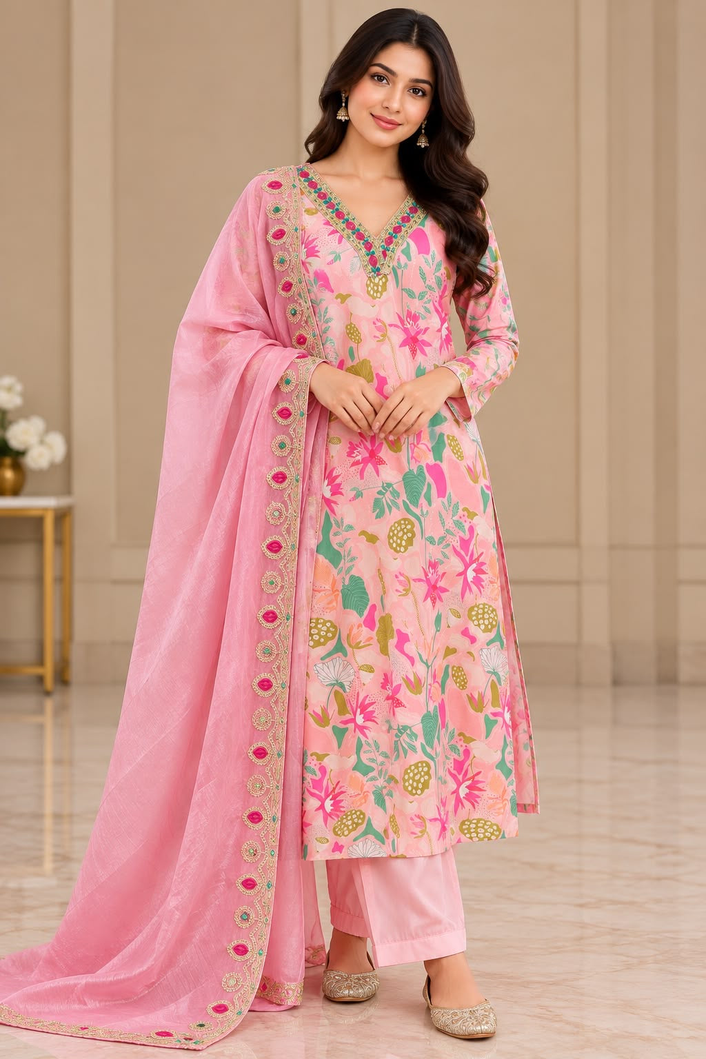 Pink Floral Kurta Outfit