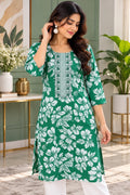 Green and White Floral Print Kurti – L