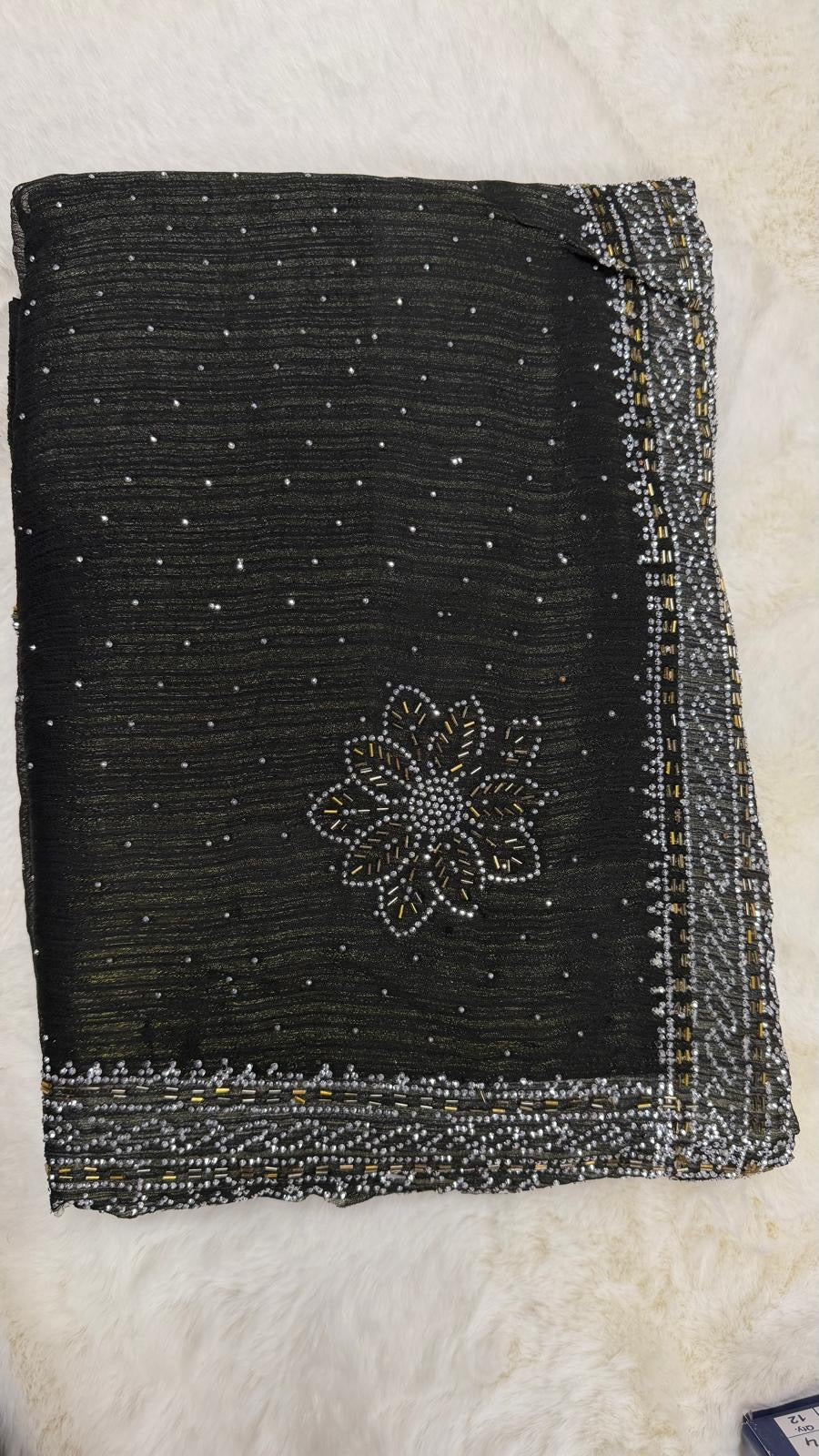 Black Pearl Bead Floral Embroidered Saree