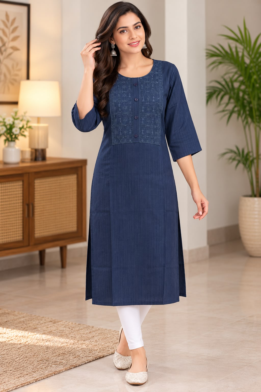 Navy Blue Kurta with Decorative Front – L