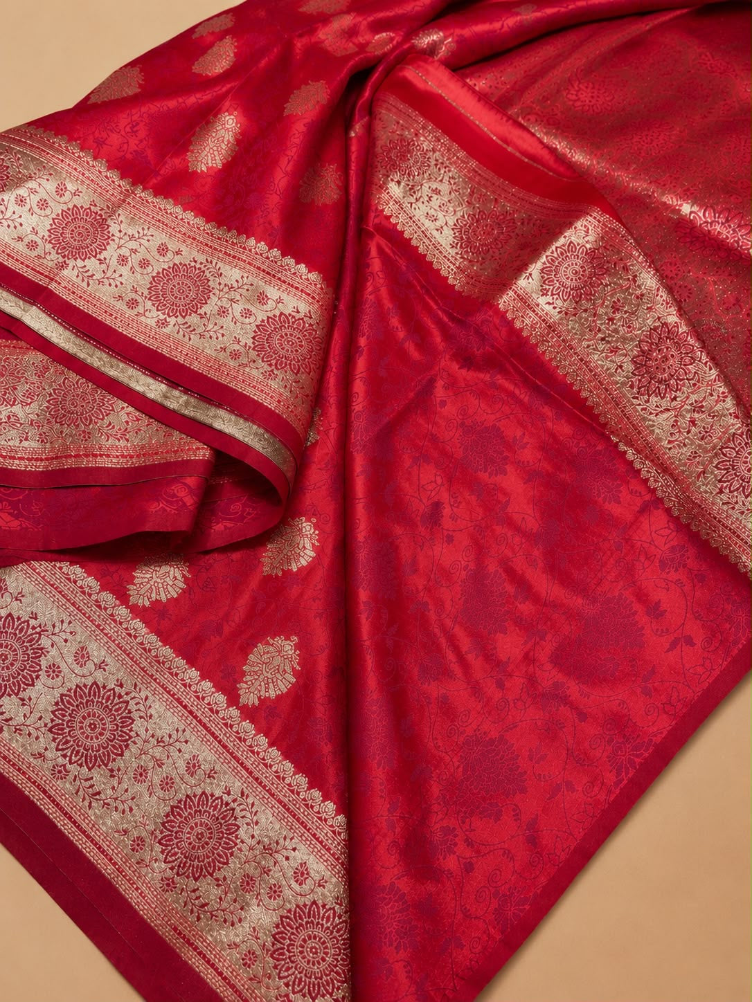 Red Bridal Banarasi Silk Saree with Gold Zari Floral Vine & Mandala Border