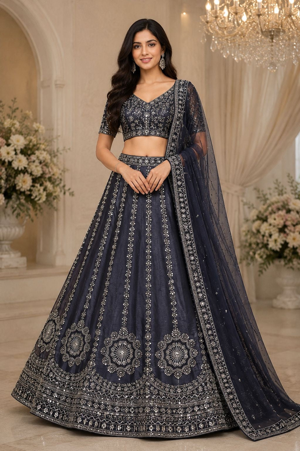 Purple Embroidered Lehenga Unstiched