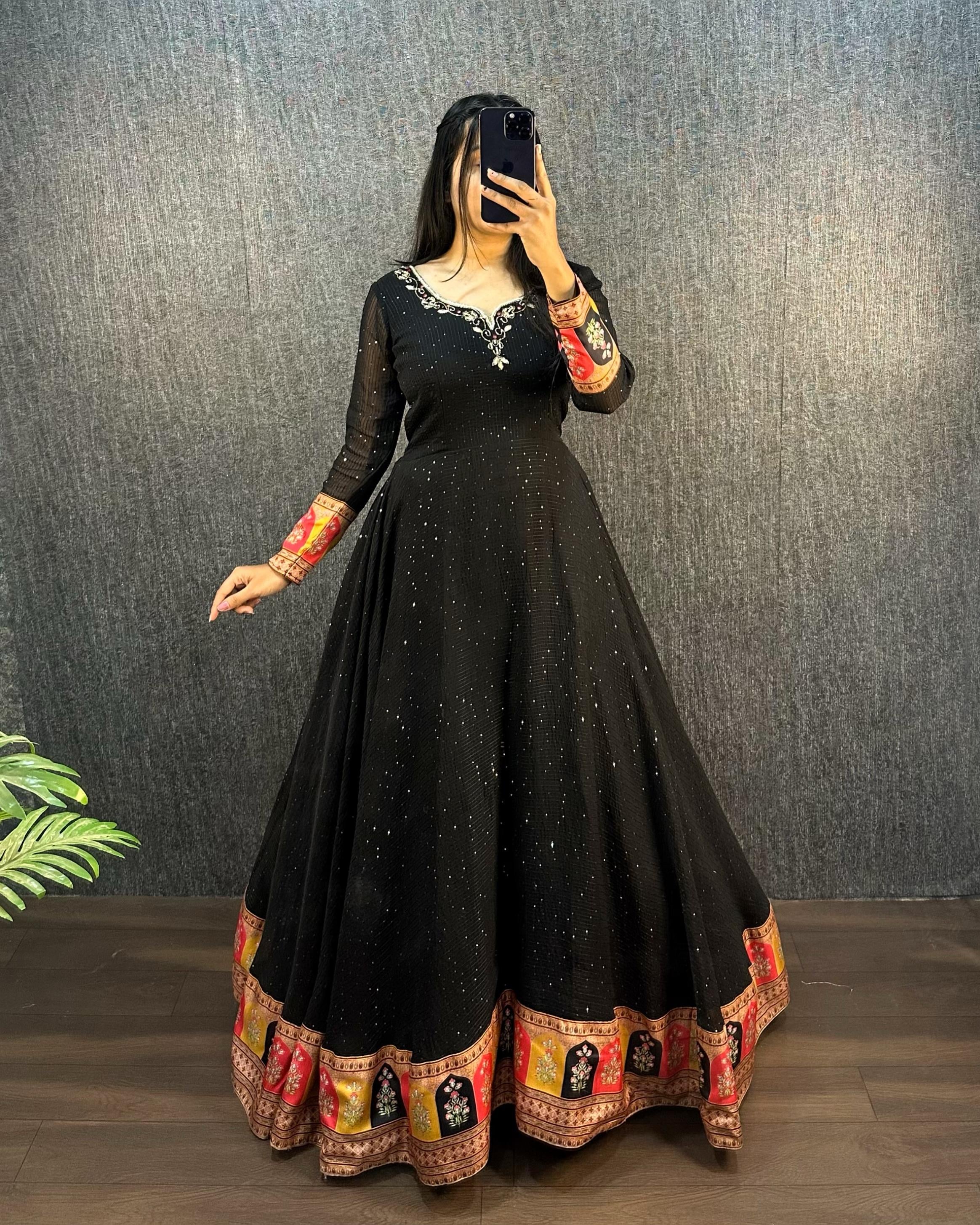 Black Sequin Anarkali Set with Multicolour Dupatta XL