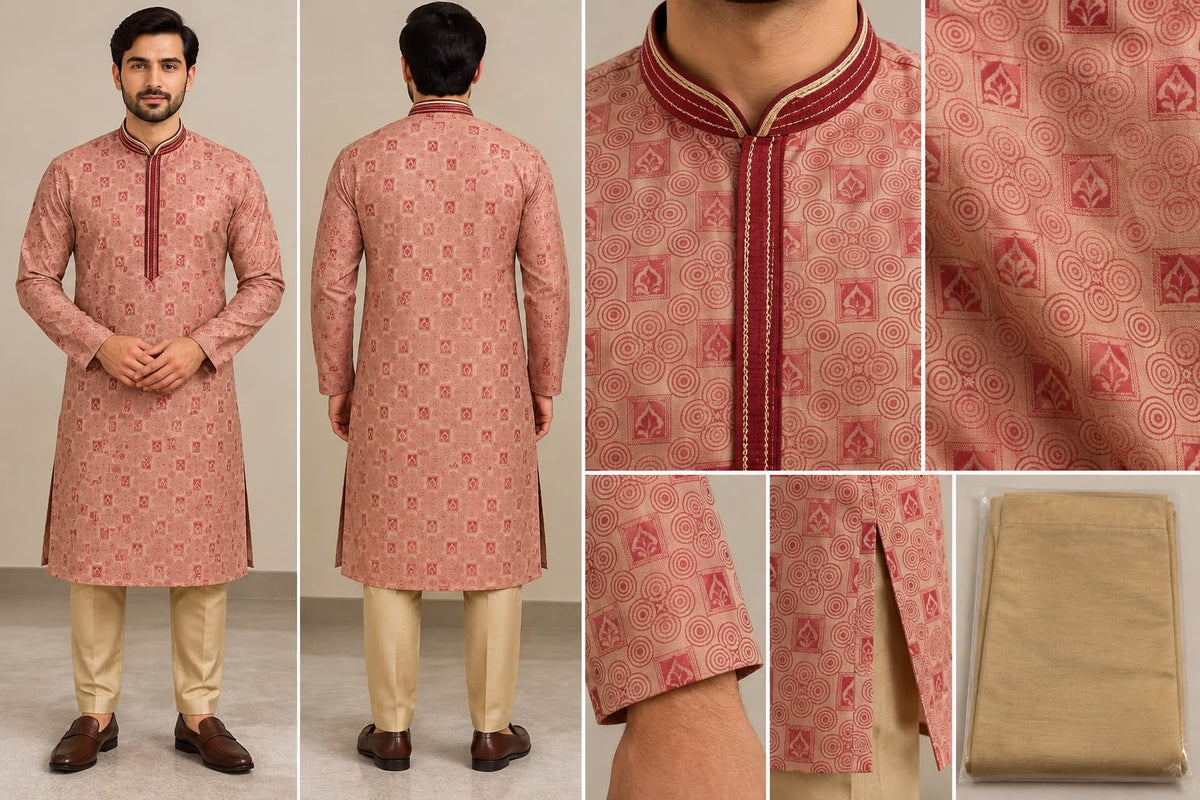 Men's Pink Kurta Beige Trousers 38 Size
