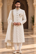 Ivory Sherwani with Pastel Floral Pattern – Size 40