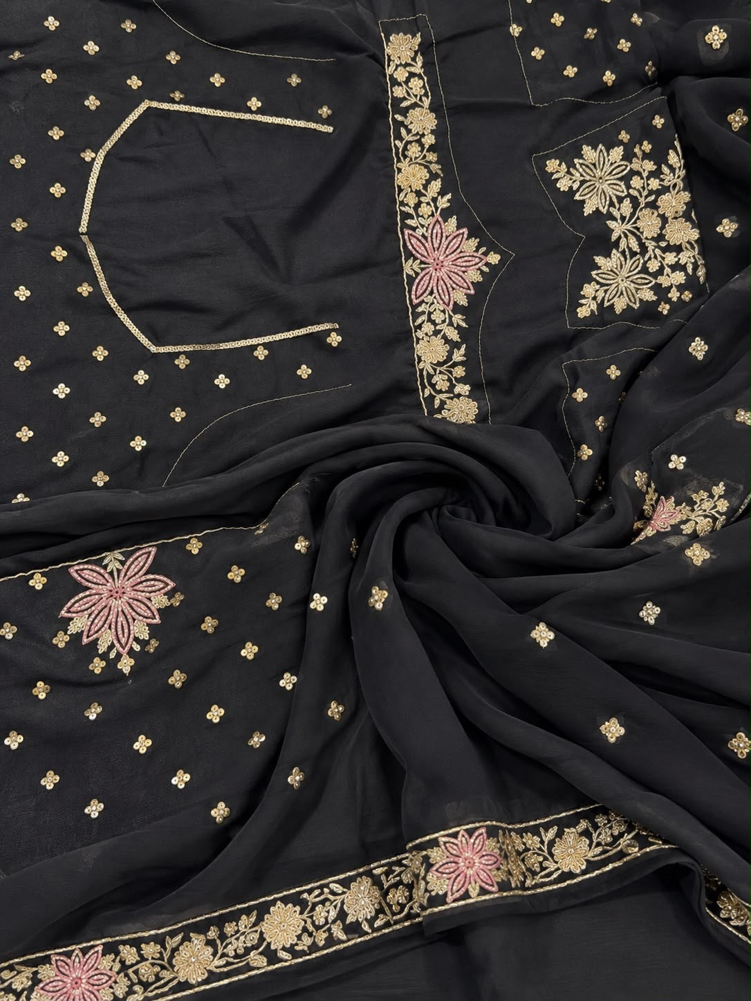 Black Floral Embroidered Unstitched Lehenga