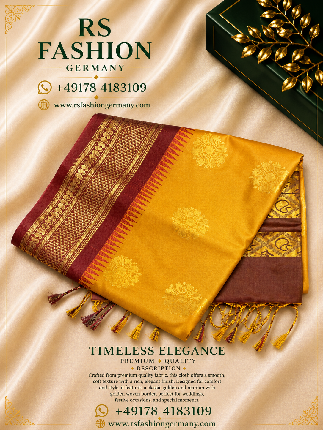 Zijdezachte Sari – Goud & Bordeaux