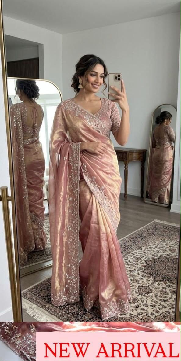 Rose Gold Fandy Satin Silk Saree – Sequence Embroidery & Aarco Detailing