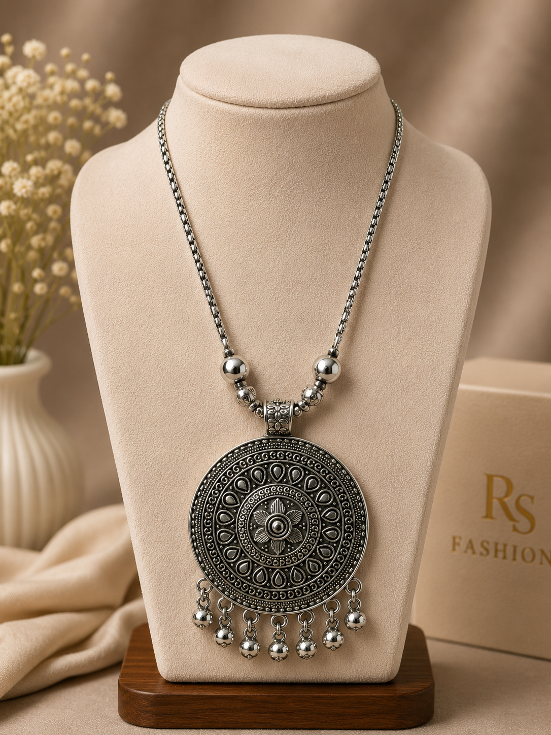 Silver Mandala Pendant Necklace with Ghungroo