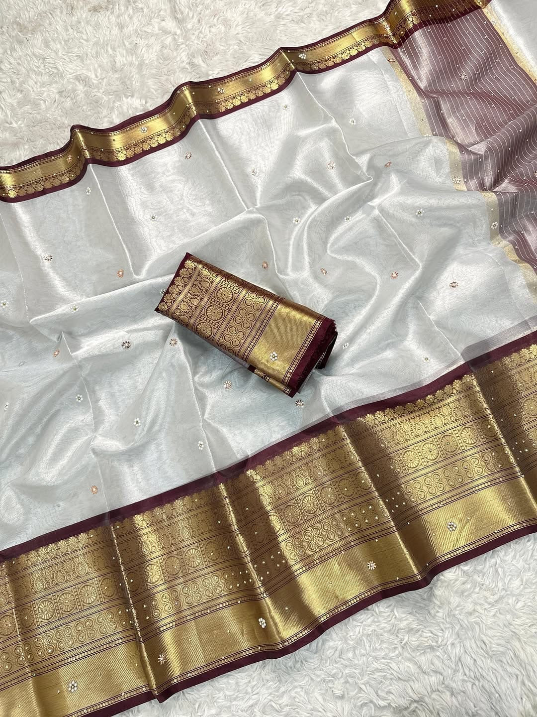 Banarasi Semi Soft Saree – White with Maroon & Gold Zari Border