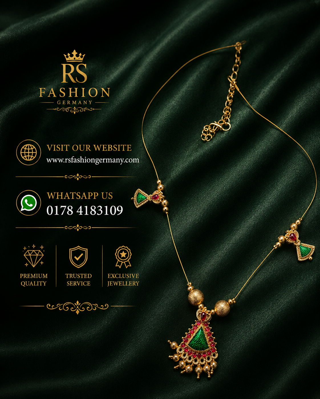 Gold Necklace – Red & Green Floral Pendant
