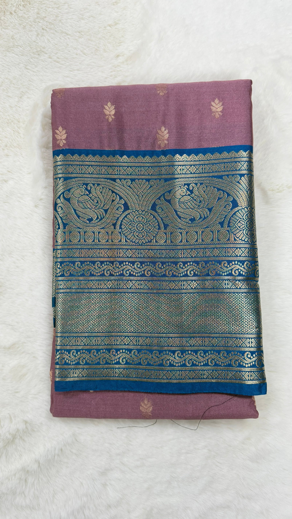Dusty Mauve Silk Saree with Royal Blue Zari Border