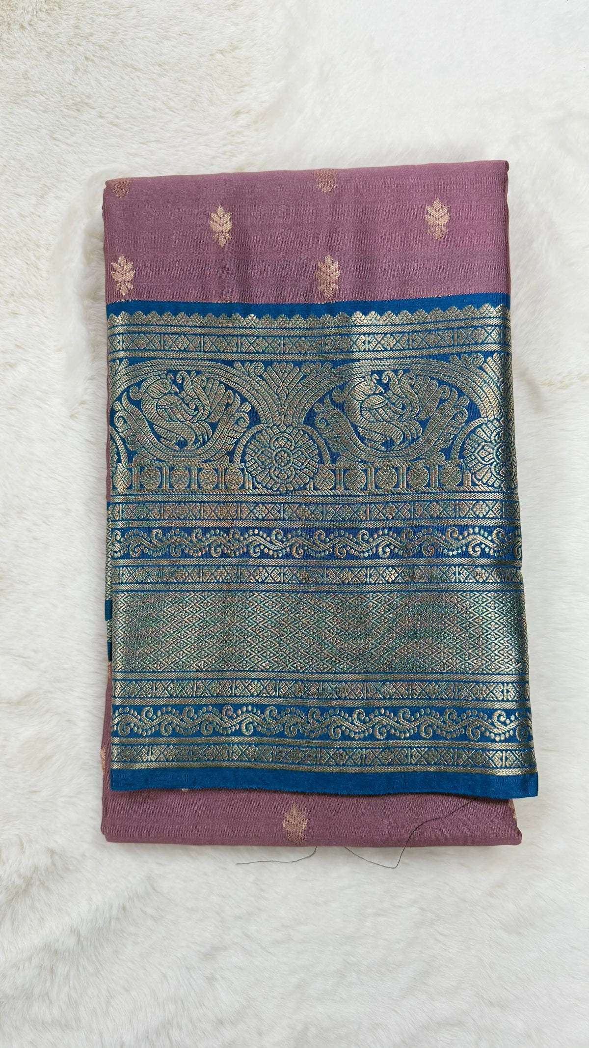 Dusty Mauve Silk Saree with Royal Blue Zari Border