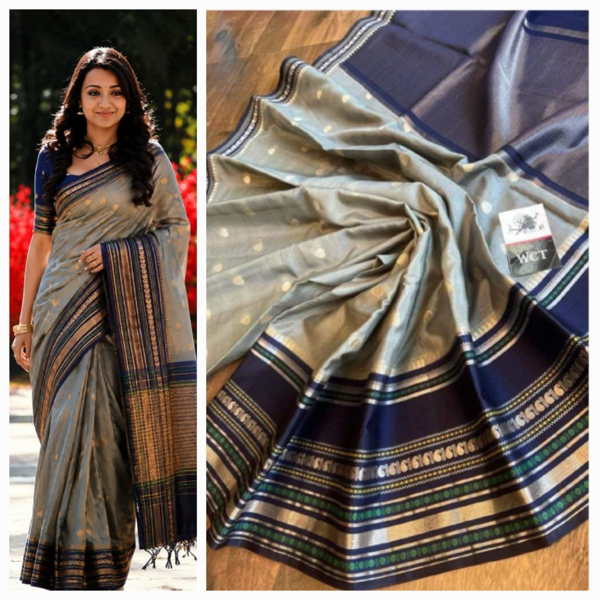 Grey Silk Saree with Navy Blue & Gold Zari Border
