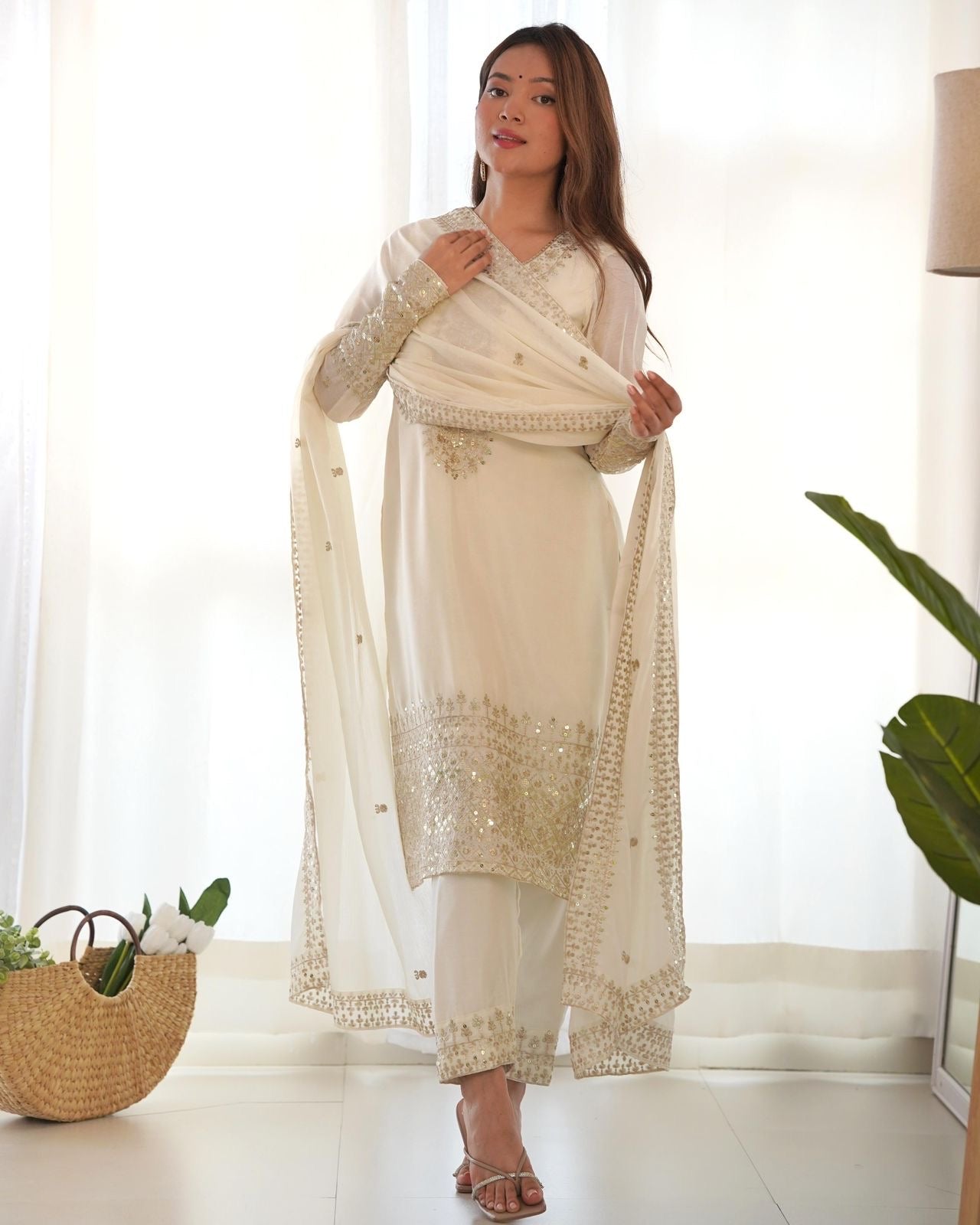 White Embroidered Salwar Kameez Set with Dupatta