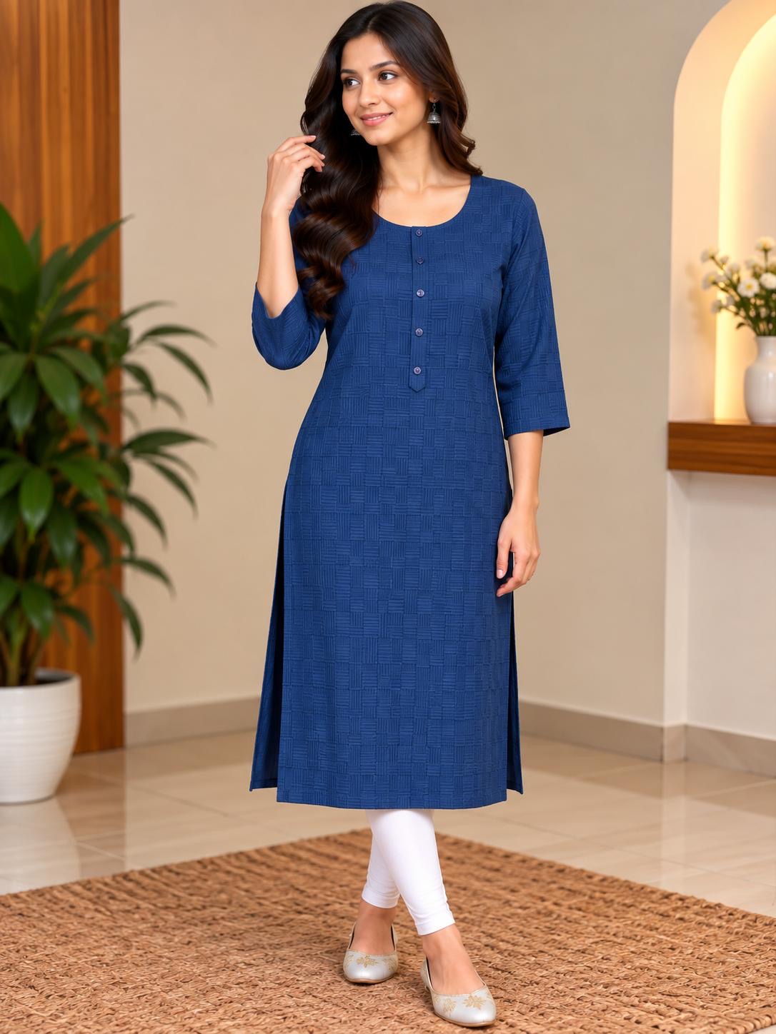 Dunkelblaues gemustertes Damen-Kurta-Top, abgebildete Hose nicht enthalten