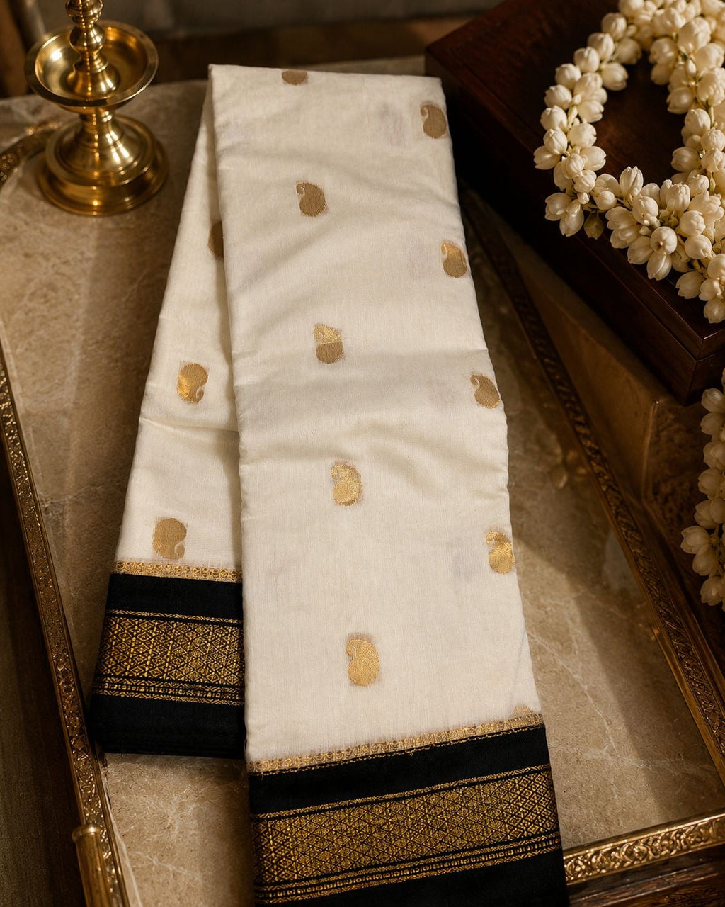 Soft Cotton Saree – Weiß mit Schwarz-Gold Zari Border